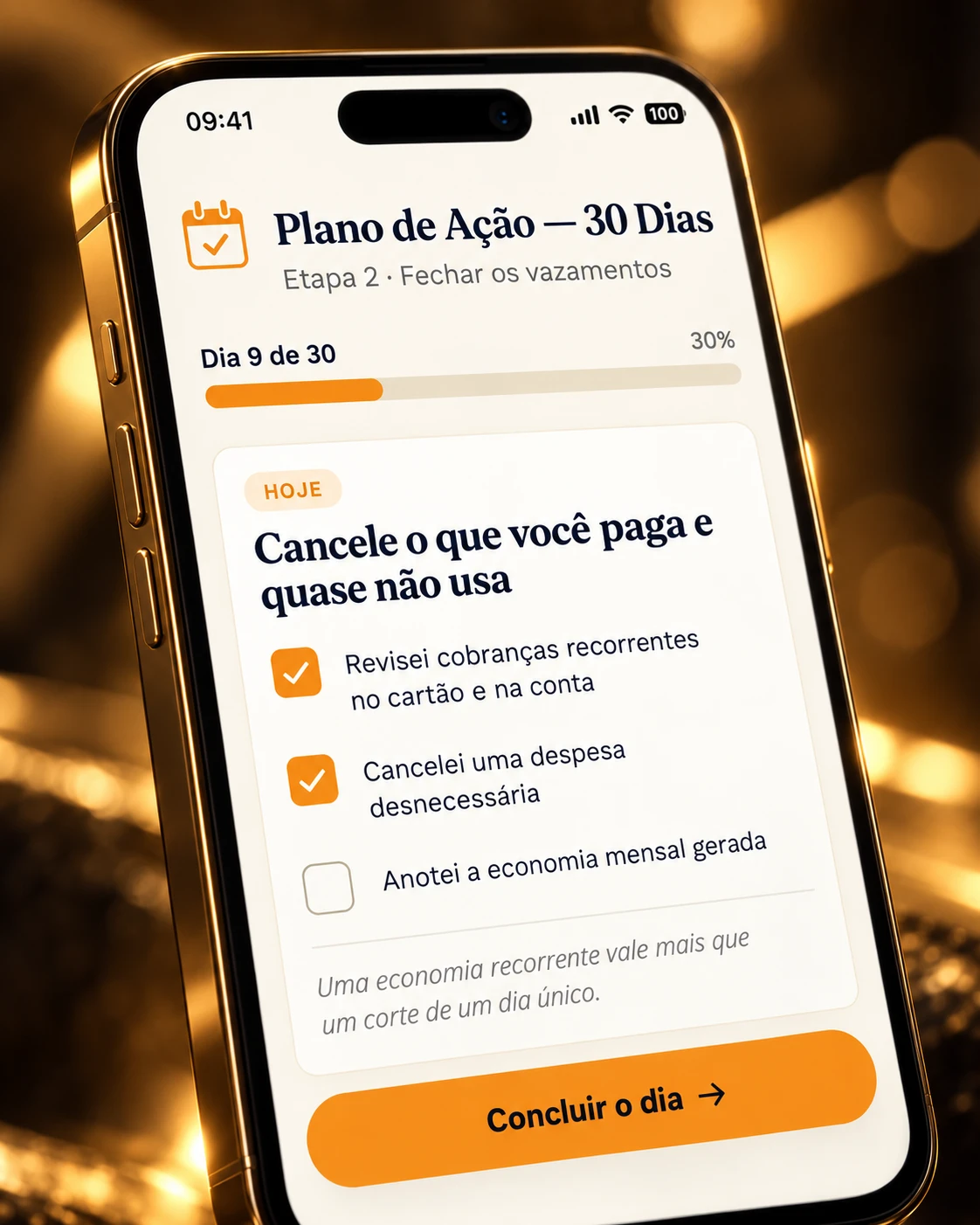 Tela do aplicativo Plano de Ação — 30 Dias mostrando o checklist do dia