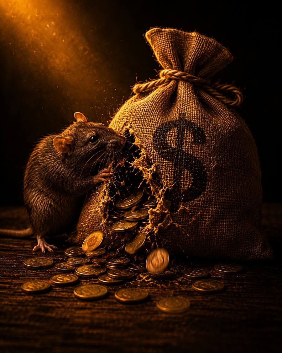 Rato devorando um saco de moedas furado