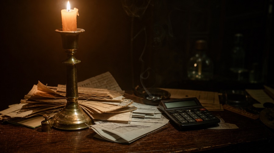Contas e calculadora à luz de vela
