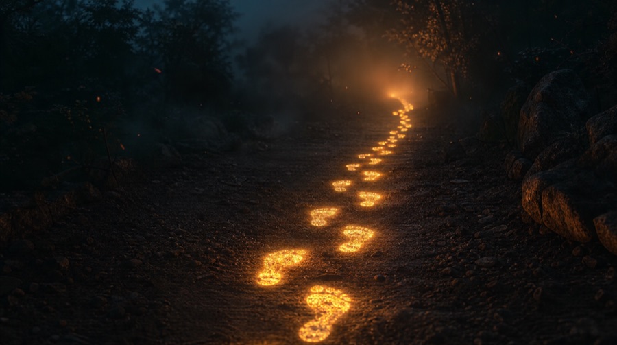 Pegadas iluminadas em um caminho