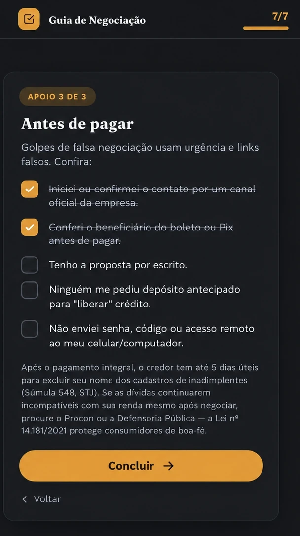 Tela do Guia de Negociação com o checklist de segurança antes de pagar